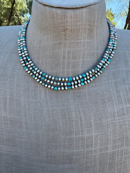 Handcrafted Kingman Turquoise & Sterling Silver 4mm Beaded Necklace 16"