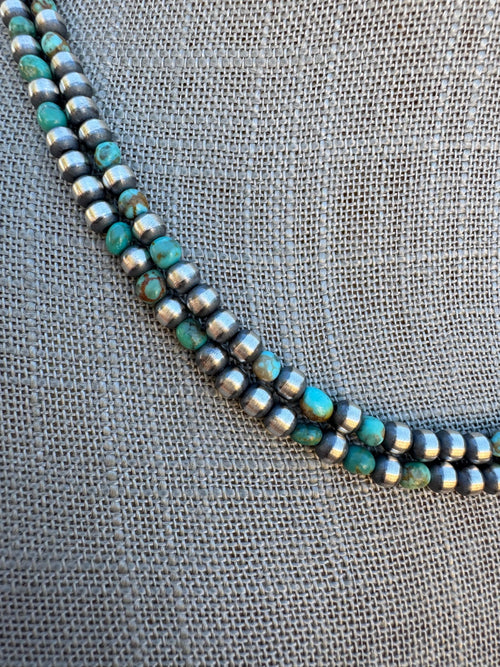 Handcrafted Kingman Turquoise & Sterling Silver 4mm Beaded Necklace 18"