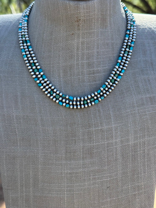 Handcrafted Kingman Turquoise & Sterling Silver 4mm Beaded Necklace 18"