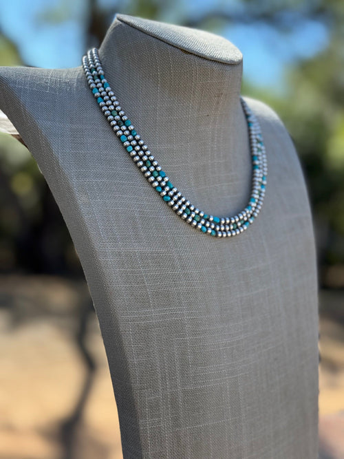 Handcrafted Kingman Turquoise & Sterling Silver 4mm Beaded Necklace 18"