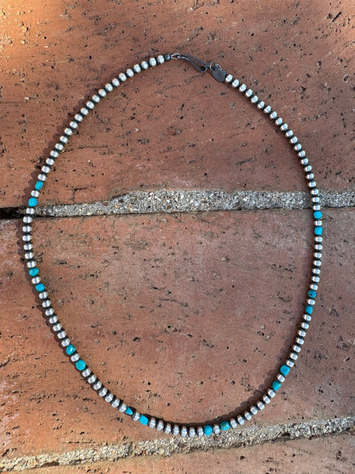 Handcrafted Kingman Turquoise & Sterling Silver 4mm Beaded Necklace 18"