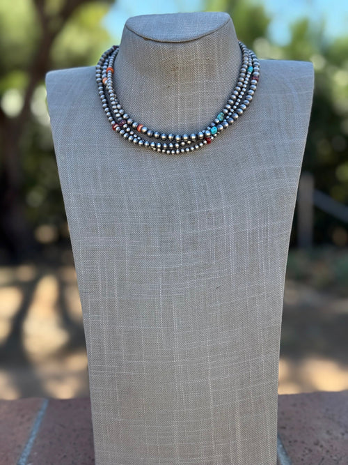 Handcrafted Multi Stone & Sterling Silver 3 Strand Beaded 3-8mm Necklace 16"