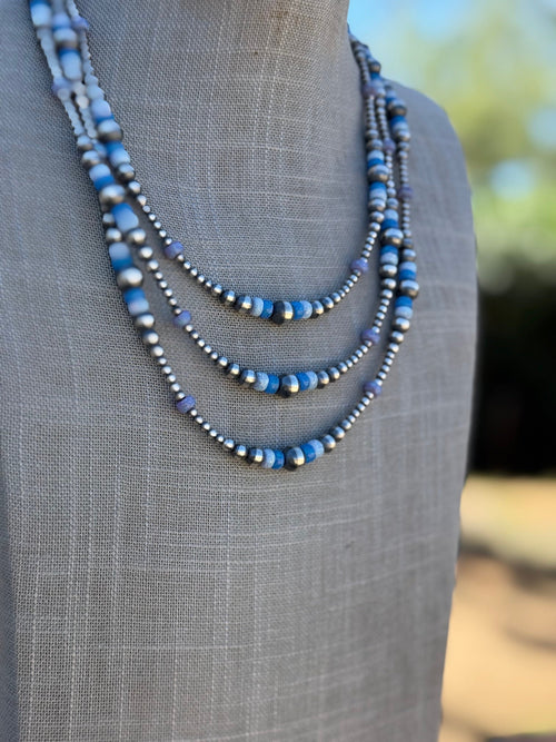 Handcrafted Blue Opal & Sterling Silver Beaded 3-8mm Necklace 22"