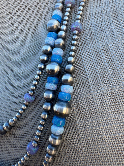 Handcrafted Blue Opal & Sterling Silver Beaded 3-8mm Necklace 22"