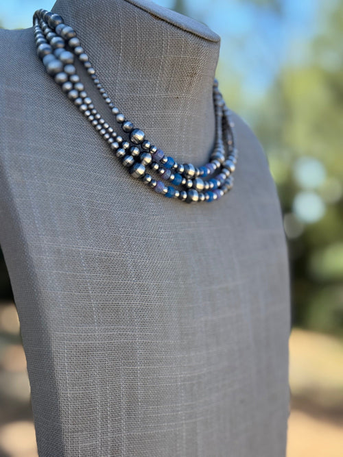 Handcrafted Blue Opal & Sterling Silver Beaded 3-8mm Necklace 16"