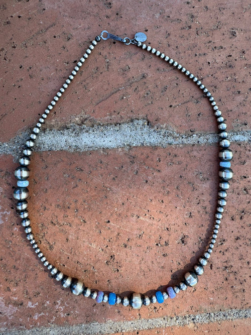 Handcrafted Blue Opal & Sterling Silver Beaded 3-8mm Necklace 16"