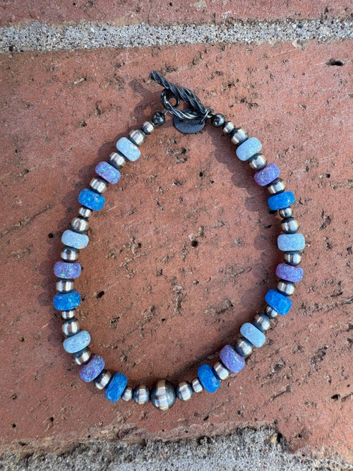 Handcrafted Blue Opal Beaded 3-6mm Bracelet 7"