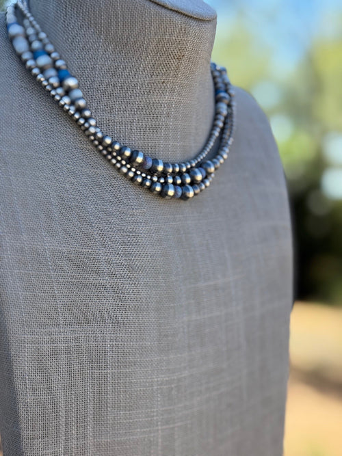 Handcrafted Blue Opal & Sterling Silver Beaded 3-8mm Necklace 16"