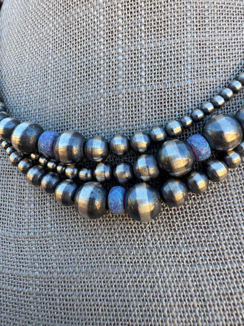 Handcrafted Blue Opal & Sterling Silver Beaded 3-8mm Necklace 16"