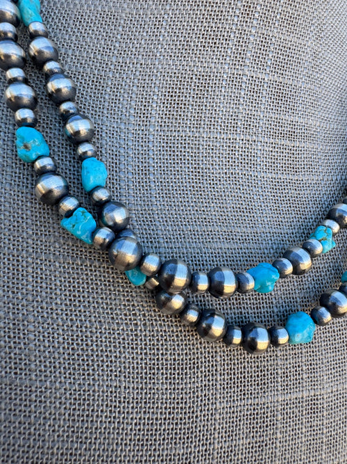 Handcrafted Kingman Turquoise & Sterling Silver 4-6mm Beaded Necklace 36"
