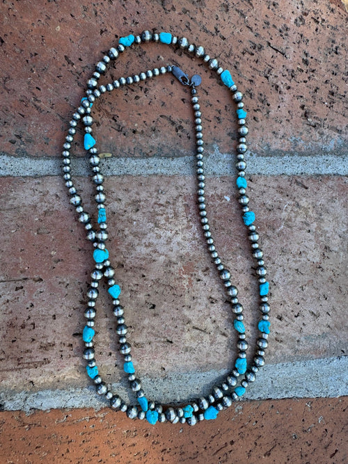 Handcrafted Kingman Turquoise & Sterling Silver 4-6mm Beaded Necklace 36"