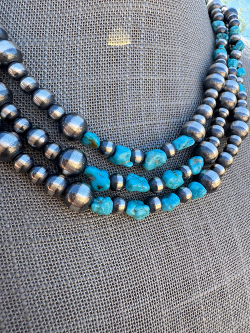 Handcrafted Kingman Turquoise & Sterling Silver 5-8mm Beaded Necklace 18"