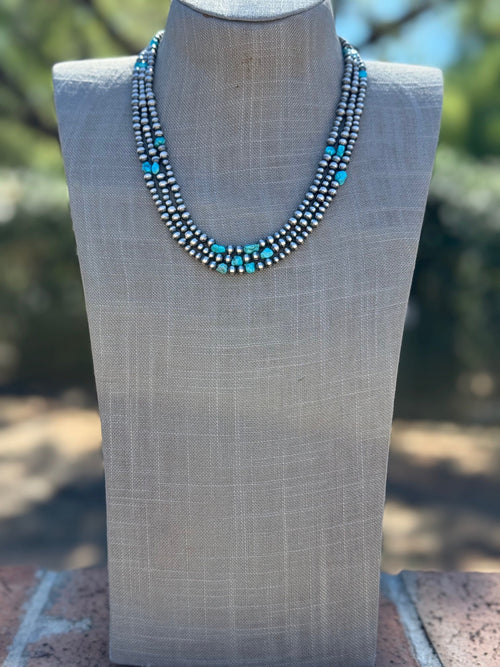 Handcrafted Kingman Turquoise & Sterling Silver 4-6mm Beaded Necklace 20"