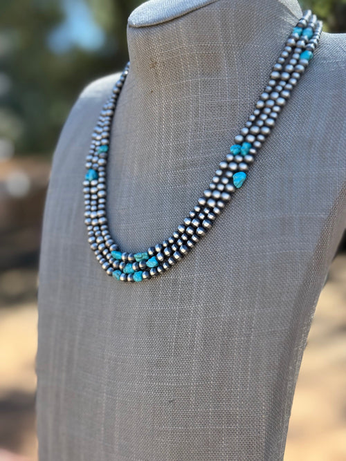 Handcrafted Kingman Turquoise & Sterling Silver 4-6mm Beaded Necklace 20"