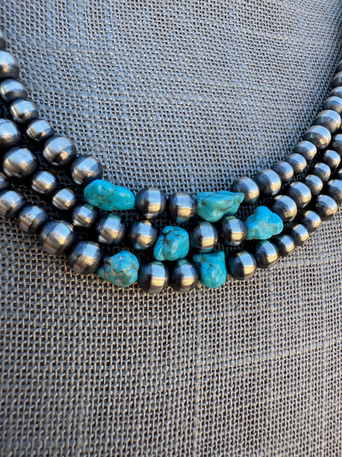 Handcrafted Kingman Turquoise & Sterling Silver 4-6mm Beaded Necklace 20"