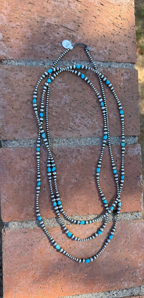 Handcrafted Kingman Turquoise & Sterling Silver 3-6mm Beaded Necklace 72"