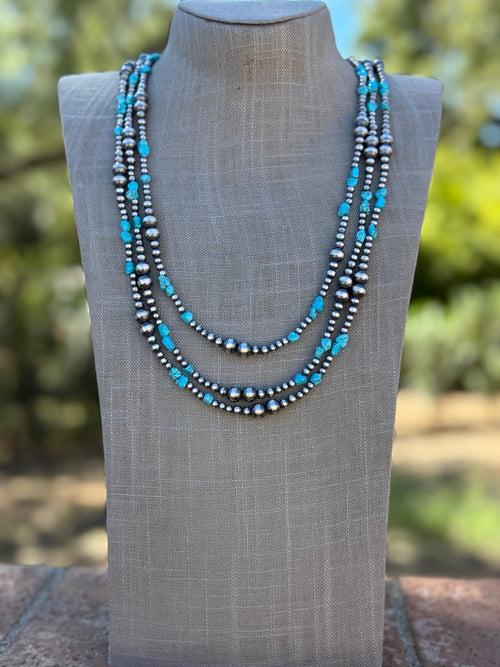 Handcrafted Kingman Turquoise & Sterling Silver 4-8mm Beaded Necklace 30"