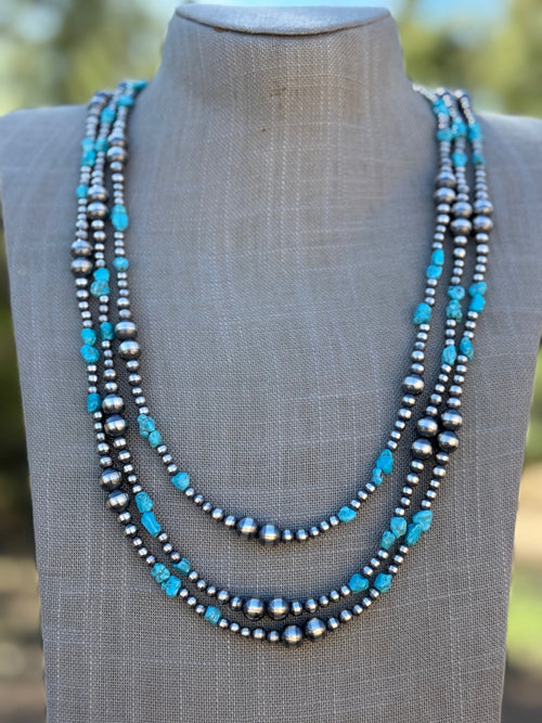 Handcrafted Kingman Turquoise & Sterling Silver 4-8mm Beaded Necklace 30"