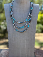 Handcrafted Kingman Turquoise & Sterling Silver 4-8mm Beaded Necklace 72"