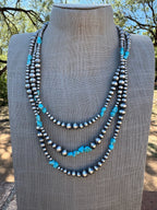 Handcrafted Kingman Turquoise & Sterling Silver 4-8mm Beaded Necklace 60"
