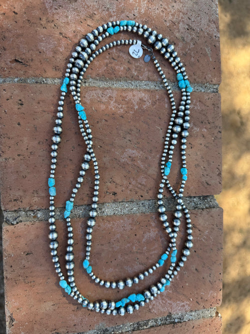 Handcrafted Kingman Turquoise & Sterling Silver 4-8mm Beaded Necklace 60"