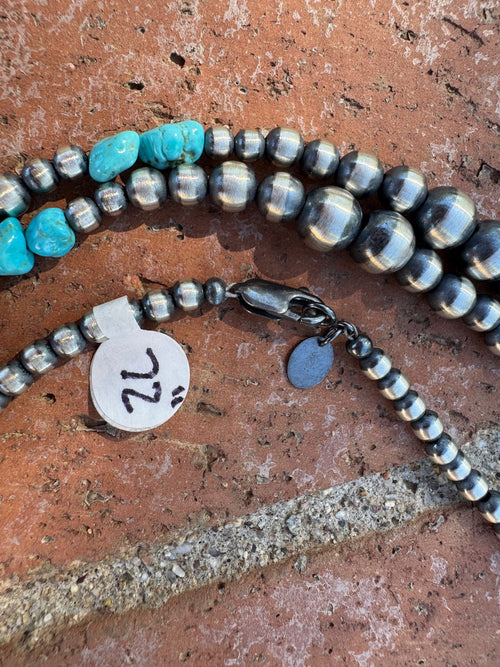 Handcrafted Kingman Turquoise & Sterling Silver 4-8mm Beaded Necklace 60"