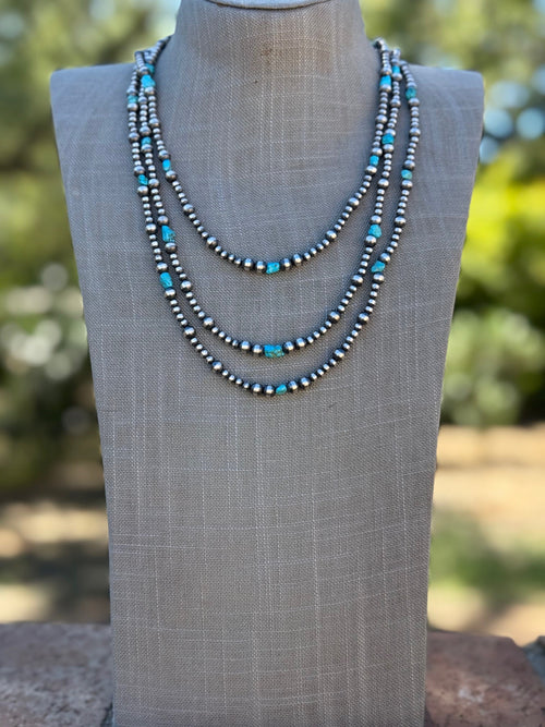 Handcrafted Kingman Turquoise & Sterling Silver 4-6mm Beaded Necklace 24"