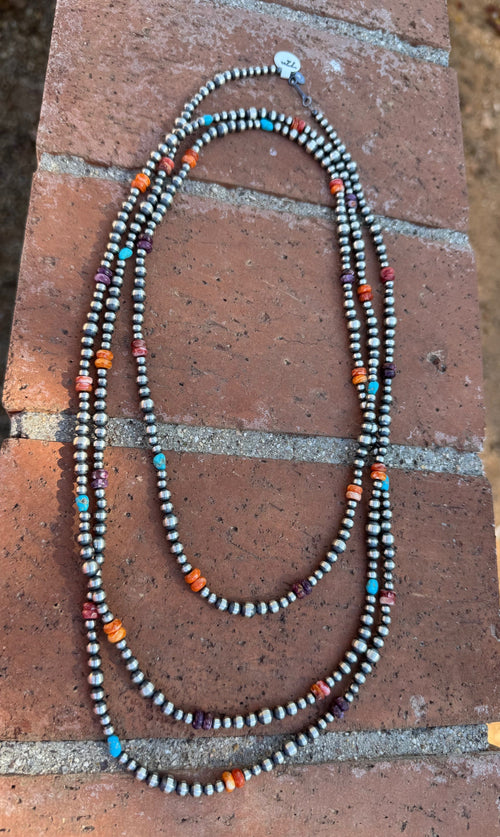 Sterling Silver & Multi Stone Beaded 4-6mm Necklace 72"