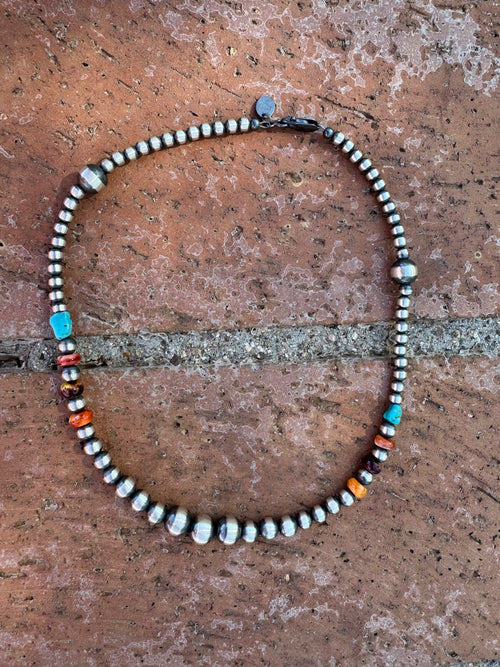 Sterling Silver & Multi Stone Beaded 4-6mm Necklace 14"