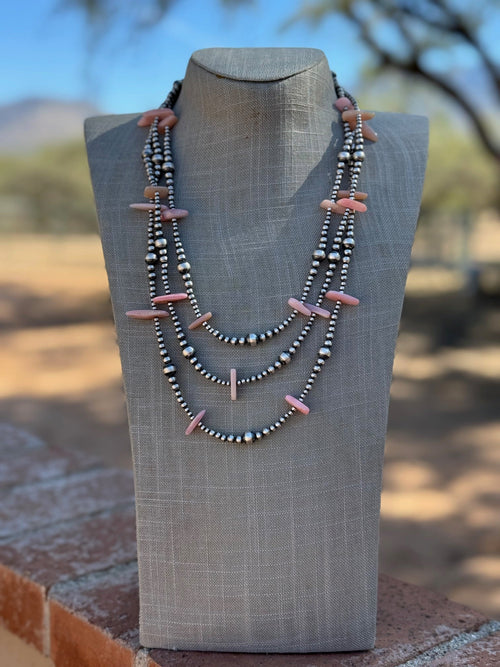 Handcrafted Sterling Silver & Pink Conch 3-8mm beaded Necklace 72"