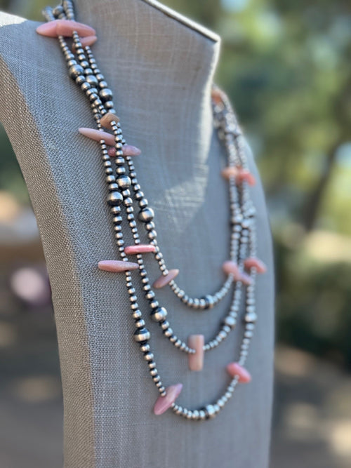 Handcrafted Sterling Silver & Pink Conch 3-8mm beaded Necklace 72"