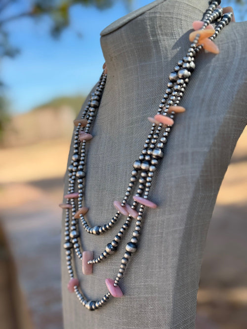 Handcrafted Sterling Silver & Pink Conch 3-8mm beaded Necklace 72"