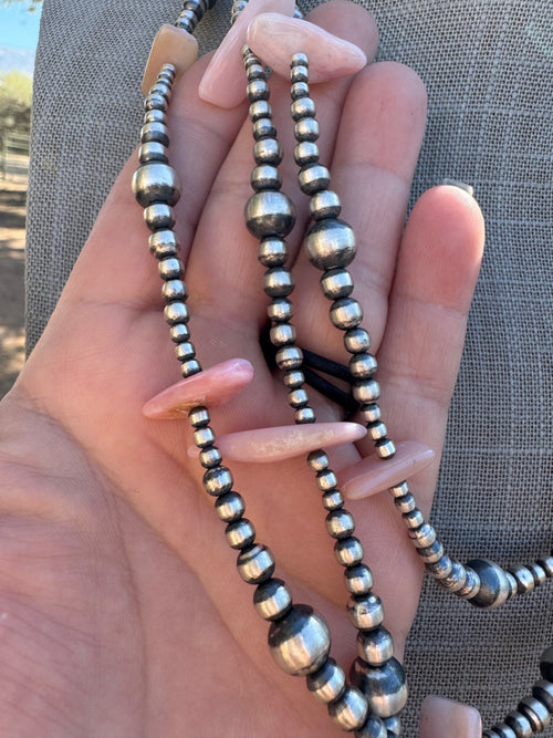 Handcrafted Sterling Silver & Pink Conch 3-8mm beaded Necklace 72"