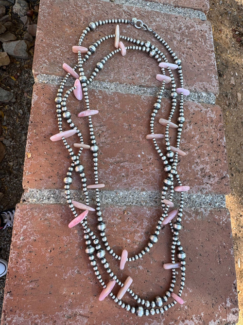 Handcrafted Sterling Silver & Pink Conch 3-8mm beaded Necklace 72"