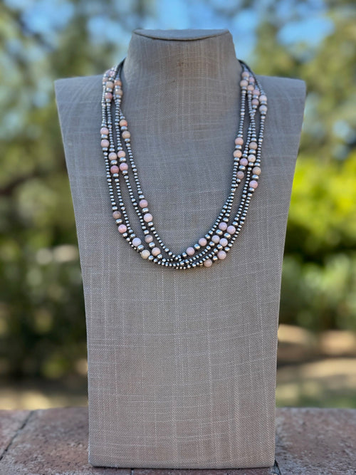 Handcrafted Pink Conch & Sterling Silver 3-6mm Beaded Necklace 24"
