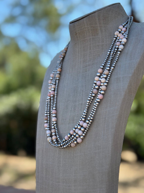 Handcrafted Pink Conch & Sterling Silver 3-6mm Beaded Necklace 24"