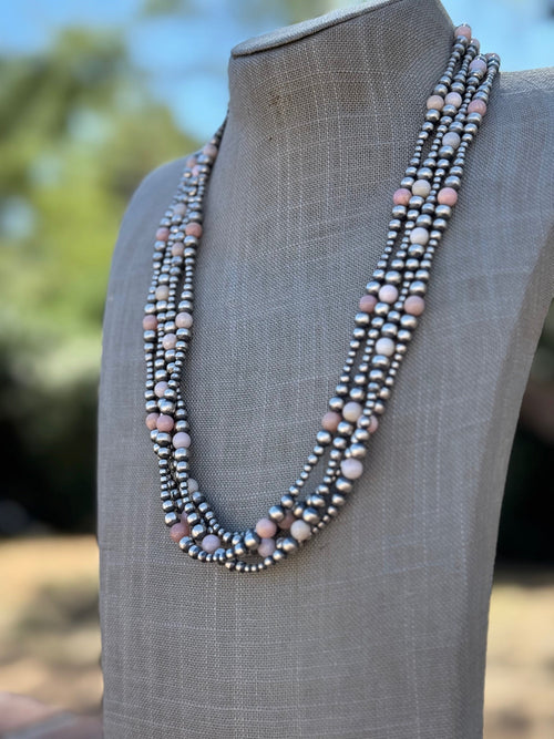 Handcrafted Pink Conch & Sterling Silver 3-6mm Beaded Necklace 24"