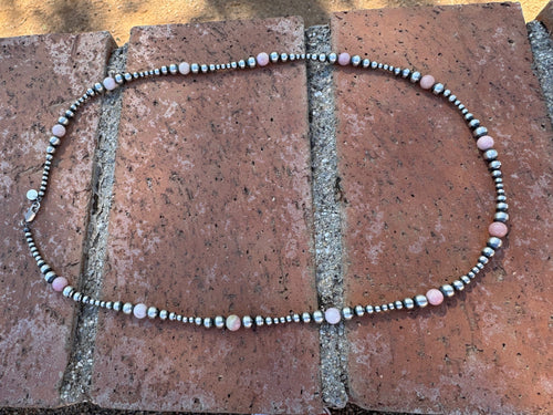 Handcrafted Pink Conch & Sterling Silver 3-6mm Beaded Necklace 24"