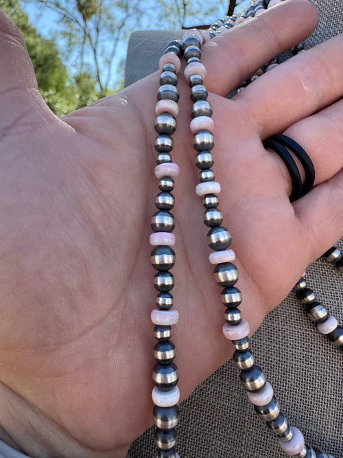 Handcrafted Pink Conch & Sterling Silver 4-6mm Beaded Necklace