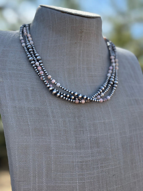 Handcrafted Pink Conch & Sterling Silver 3-6mm Beaded Necklace 18"