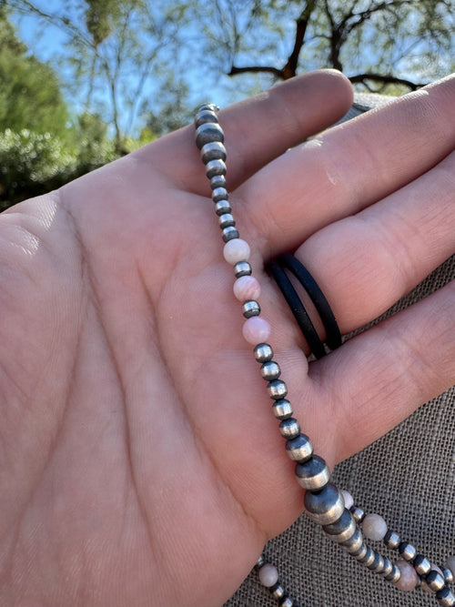 Handcrafted Pink Conch & Sterling Silver 3-6mm Beaded Necklace 18"