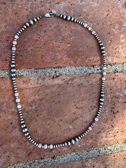 Handcrafted Pink Conch & Sterling Silver 3-6mm Beaded Necklace 18"