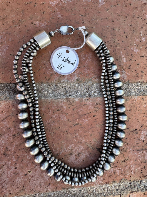 Handcrafted Sterling Silver 4-10mm Beaded 4 Strand Necklace 16"