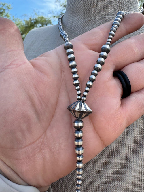 Handcrafted Sterling Silver 3-6mm Beaded Lariat Necklace 20", Lariat 5"
