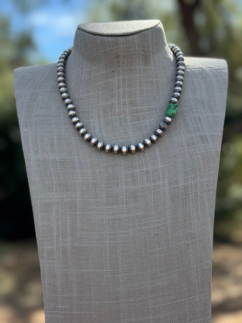 Handcrafted Sterling Silver & Kingman Turquoise 10mm Beaded Necklace 18"