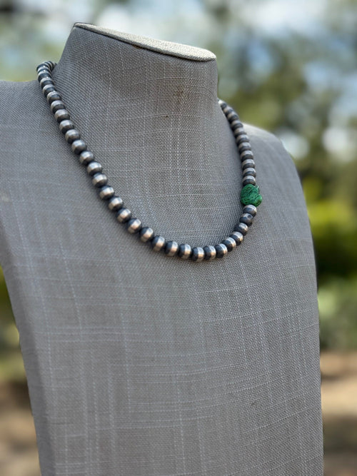 Handcrafted Sterling Silver & Kingman Turquoise 10mm Beaded Necklace 18"