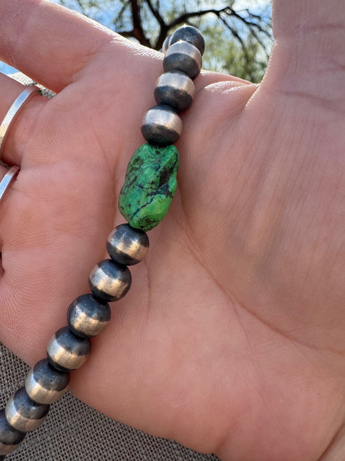 Handcrafted Sterling Silver & Kingman Turquoise 10mm Beaded Necklace 18"