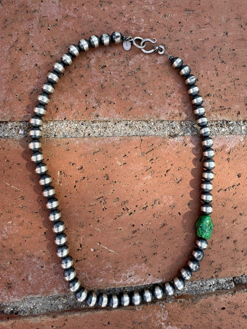 Handcrafted Sterling Silver & Kingman Turquoise 10mm Beaded Necklace 18"