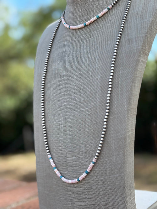 Handcrafted Sterling Silver Kingman Turquoise & Pink Conch 4mm Beaded Necklace