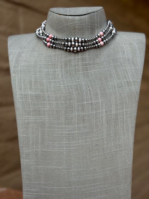 Handcrafted Pink Conch & Sterling Silver 3-8mm Beaded Necklace 14"